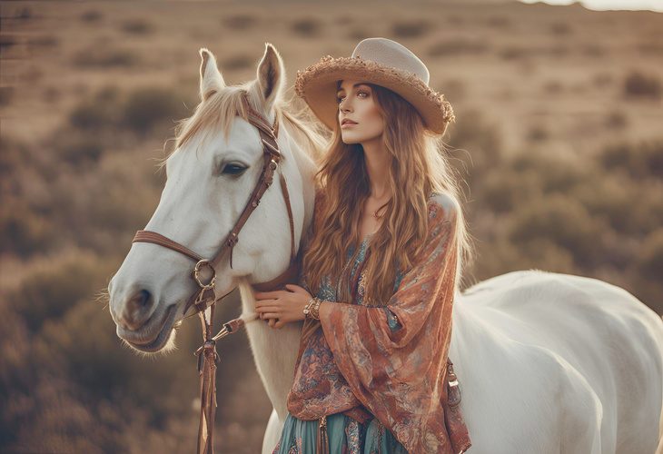 A woman standing with a white horse in a sunlit desert landscape.