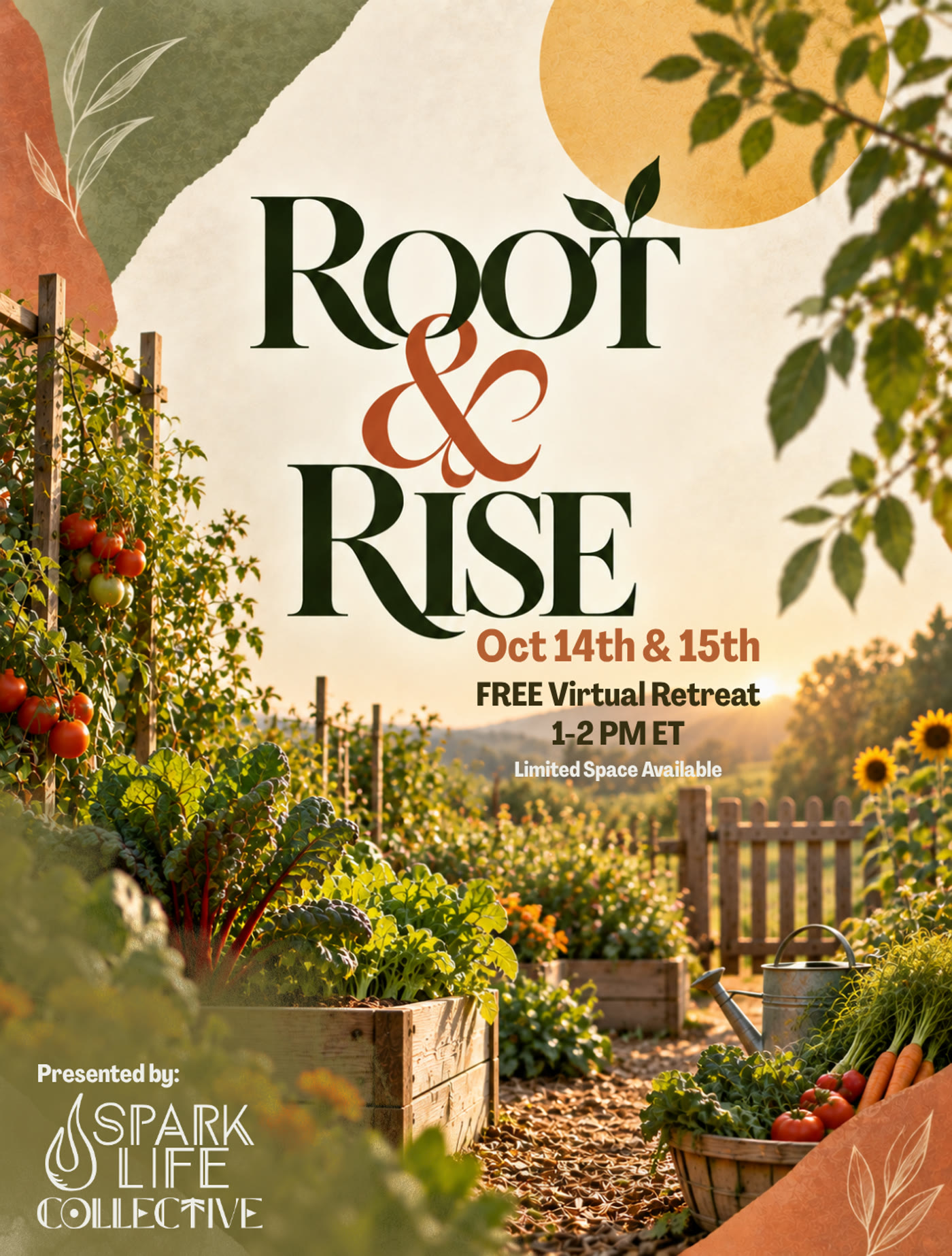 Root & Rise invitation: a garden at golden hour with raised beds, tomatoes, leafy greens, and sunflowers — no people. October 14th and 15th, free virtual retreat, 1–2 PM ET, limited space. Presented by Spark Life Collective.